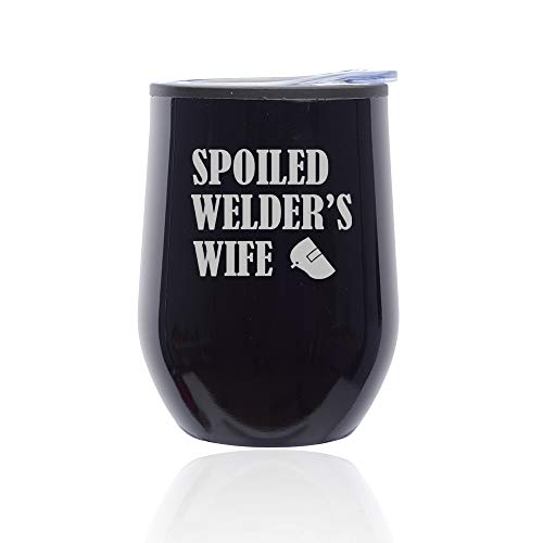 Stemless Wine Tumbler Coffee Travel Mug Glass With Lid Spoiled Welder's Wife (Midnight Black)