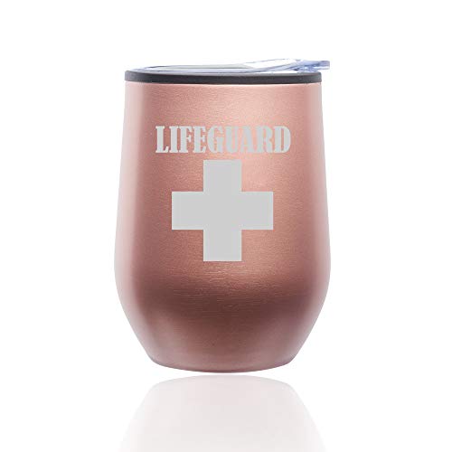 Stemless Wine Tumbler Coffee Travel Mug Glass With Lid Lifeguard (Rose Gold)