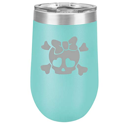 16 oz Double Wall Vacuum Insulated Stainless Steel Stemless Wine Tumbler Glass Coffee Travel Mug With Lid Heart Skull Bow (Teal)