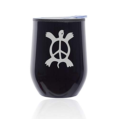 Stemless Wine Tumbler Coffee Travel Mug Glass With Lid Turtle Peace Sign (Midnight Black)