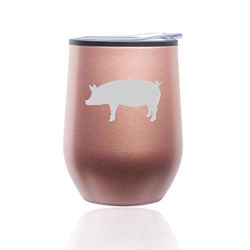 Stemless Wine Tumbler Coffee Travel Mug Glass With Lid Pig (Rose Gold)