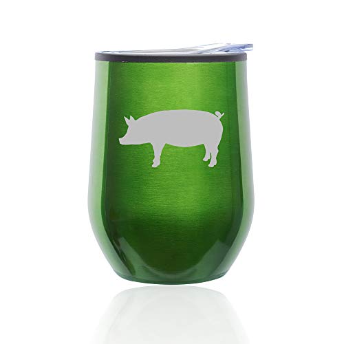 Stemless Wine Tumbler Coffee Travel Mug Glass With Lid Pig (Green)