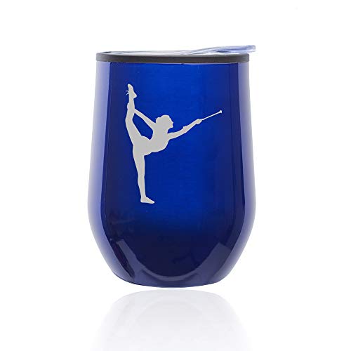 Stemless Wine Tumbler Coffee Travel Mug Glass With Lid Female Gymnast Twirling Baton Gymnastics (Blue)