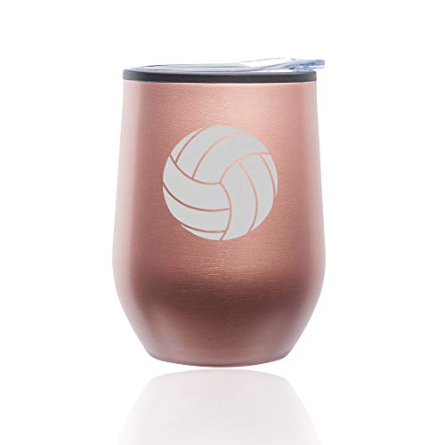 Stemless Wine Tumbler Coffee Travel Mug Glass With Lid Volleyball (Rose Gold)