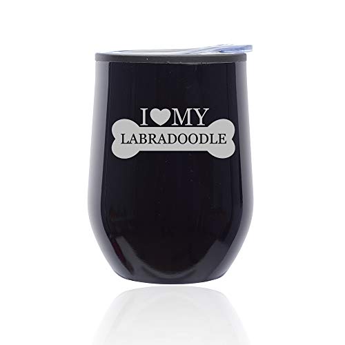 Stemless Wine Tumbler Coffee Travel Mug Glass With Lid I Love My Labradoodle (Midnight Black)