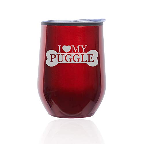 Stemless Wine Tumbler Coffee Travel Mug Glass With Lid I Love My Puggle (Red)