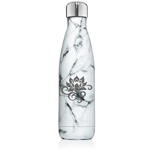 17 oz. Double Wall Vacuum Insulated Stainless Steel Water Bottle Travel Mug Cup Lotus Flower Scroll (Black White Marble)