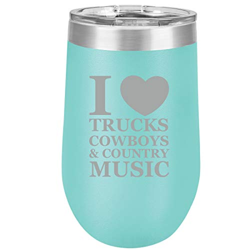 16 oz Double Wall Vacuum Insulated Stainless Steel Stemless Wine Tumbler Glass Coffee Travel Mug With Lid Love Trucks Cowboys Country Music (Teal)