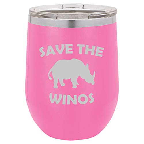 12 oz Double Wall Vacuum Insulated Stainless Steel Stemless Wine Tumbler Glass Coffee Travel Mug With Lid Save The Winos Rhinoceros Rhino Funny (Hot Pink)