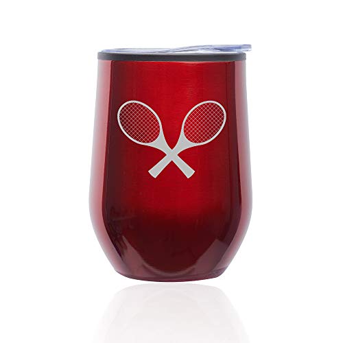 Stemless Wine Tumbler Coffee Travel Mug Glass With Lid Tennis Racquets (Red)