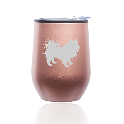Stemless Wine Tumbler Coffee Travel Mug Glass With Lid Pomeranian (Rose Gold)
