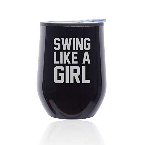 Stemless Wine Tumbler Coffee Travel Mug Glass With Lid Swing Like A Girl Golf Softball Kettlebell (Midnight Black)