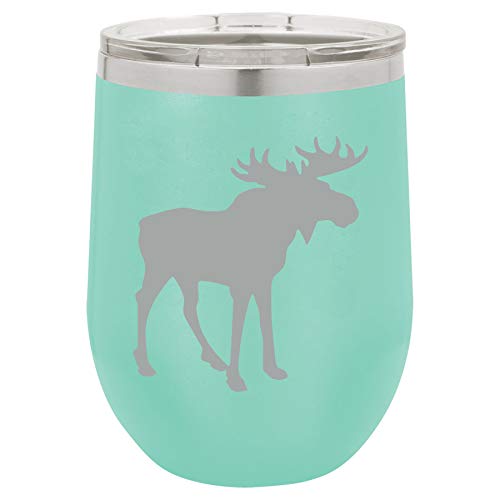 12 oz Double Wall Vacuum Insulated Stainless Steel Stemless Wine Tumbler Glass Coffee Travel Mug With Lid Moose (Teal)
