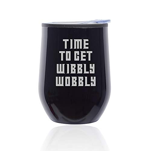Stemless Wine Tumbler Coffee Travel Mug Glass With Lid Time To Get Wibbly Wobbly (Midnight Black)