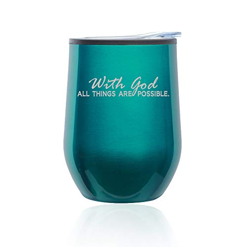 Stemless Wine Tumbler Coffee Travel Mug Glass With Lid With God All Things Are Possible (Turquoise Teal)