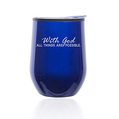 Stemless Wine Tumbler Coffee Travel Mug Glass With Lid With God All Things Are Possible (Blue)
