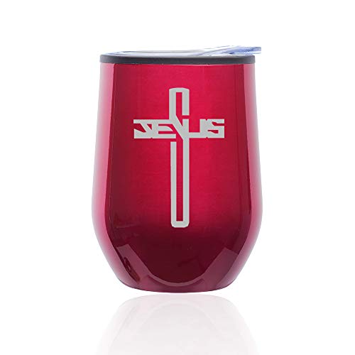 Stemless Wine Tumbler Coffee Travel Mug Glass With Lid Jesus Cross (Fuchsia)