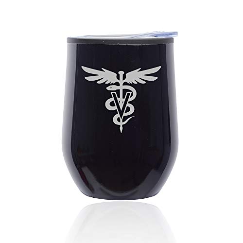 Stemless Wine Tumbler Coffee Travel Mug Glass With Lid Vet Vetinarian Symbol (Midnight Black)