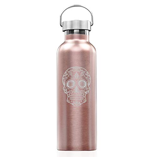 Rose Gold Double Wall Vacuum Insulated Stainless Steel Tumbler Travel Mug Sugar Candy Skull (25 oz Water Bottle)