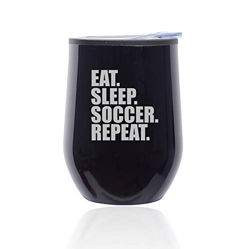 Stemless Wine Tumbler Coffee Travel Mug Glass With Lid Eat Sleep Soccer Repeat (Midnight Black)