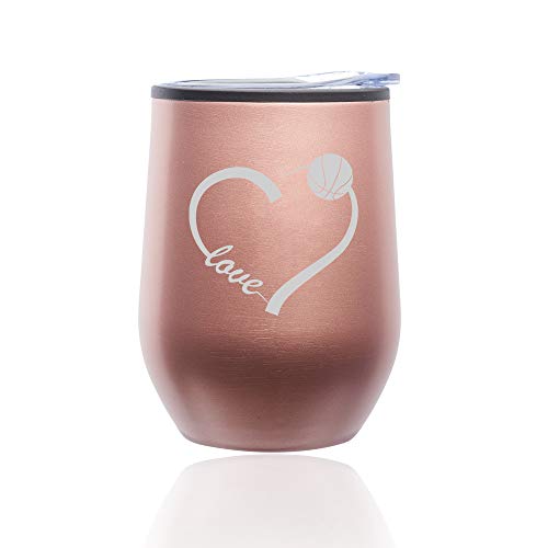 Stemless Wine Tumbler Coffee Travel Mug Glass With Lid Love Heart Basketball (Rose Gold)