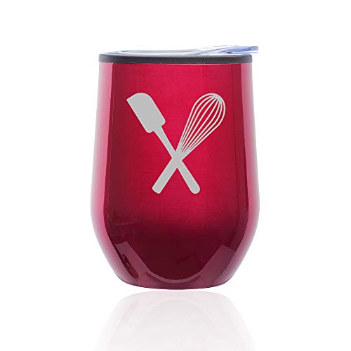Stemless Wine Tumbler Coffee Travel Mug Glass With Lid Spatula & Whisk Baking (Fuchsia)