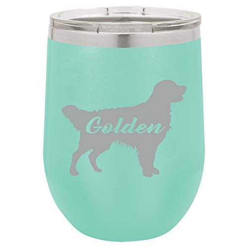 12 oz Double Wall Vacuum Insulated Stainless Steel Stemless Wine Tumbler Glass Coffee Travel Mug With Lid Golden Retriever 'Golden' (Teal)