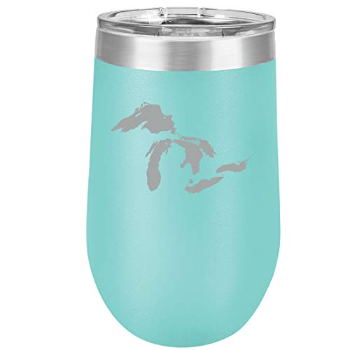 16 oz Double Wall Vacuum Insulated Stainless Steel Stemless Wine Tumbler Glass Coffee Travel Mug With Lid Great Lakes Michigan (Teal)