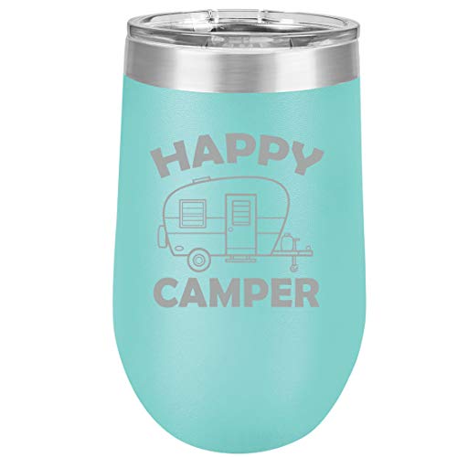 16 oz Double Wall Vacuum Insulated Stainless Steel Stemless Wine Tumbler Glass Coffee Travel Mug With Lid Happy Camper (Teal)