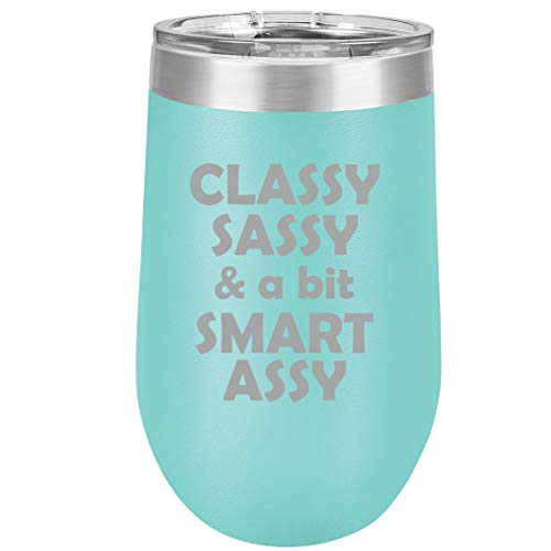 16 oz Double Wall Vacuum Insulated Stainless Steel Stemless Wine Tumbler Glass Coffee Travel Mug With Lid Classy Sassy And A Bit Smart Assy (Teal)