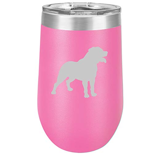 16 oz Double Wall Vacuum Insulated Stainless Steel Stemless Wine Tumbler Glass Coffee Travel Mug With Lid Rottweiler (Hot Pink)