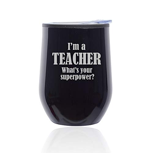 Stemless Wine Tumbler Coffee Travel Mug Glass With Lid Teacher Superpower (Midnight Black)