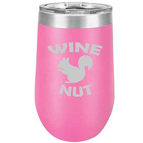 16 oz Double Wall Vacuum Insulated Stainless Steel Stemless Wine Tumbler Glass Coffee Travel Mug With Lid Wine Nut Squirrel Funny (Hot Pink)