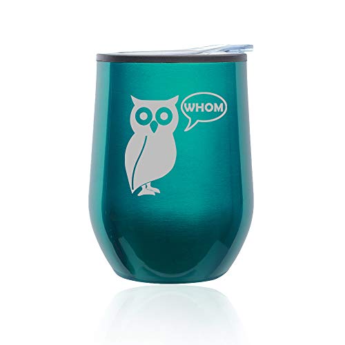 Stemless Wine Tumbler Coffee Travel Mug Glass With Lid Grammar Funny Owl Who Whom (Turquoise Teal)
