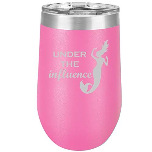 16 oz Double Wall Vacuum Insulated Stainless Steel Stemless Wine Tumbler Glass Coffee Travel Mug With Lid Under The Influence Mermaid Funny (Hot Pink)