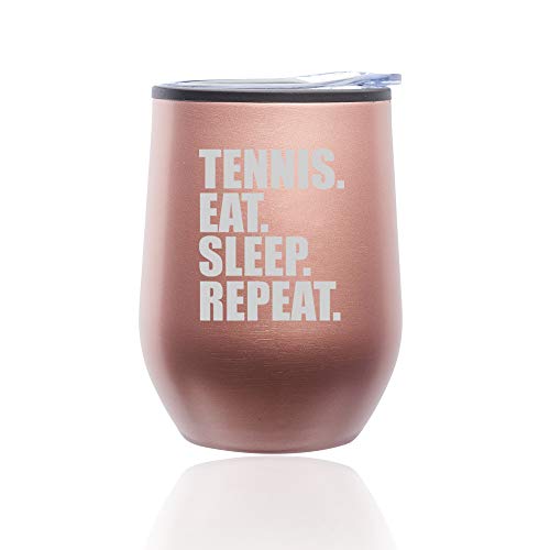 Stemless Wine Tumbler Coffee Travel Mug Glass With Lid Tennis Eat Sleep Repeat (Rose Gold)