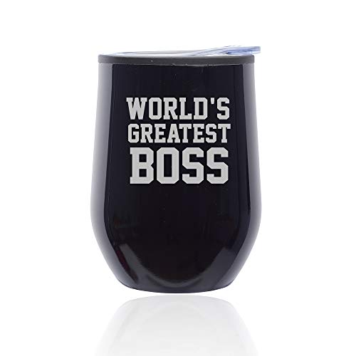 Stemless Wine Tumbler Coffee Travel Mug Glass With Lid World's Greatest Boss (Midnight Black)