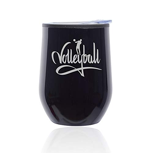 Stemless Wine Tumbler Coffee Travel Mug Glass With Lid Volleyball Calligraphy (Midnight Black)
