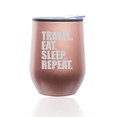 Stemless Wine Tumbler Coffee Travel Mug Glass With Lid Travel Eat Sleep Repeat (Rose Gold)