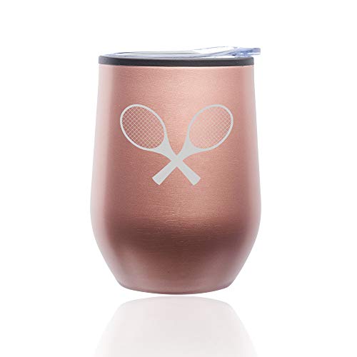 Stemless Wine Tumbler Coffee Travel Mug Glass With Lid Tennis Racquets (Rose Gold)