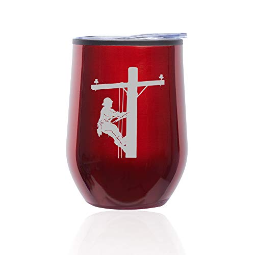 Stemless Wine Tumbler Coffee Travel Mug Glass With Lid Lineman Electric Pole Climber (Red)