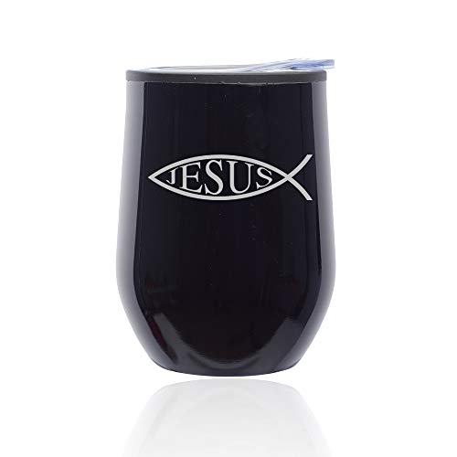 Stemless Wine Tumbler Coffee Travel Mug Glass With Lid Jesus Fish (Midnight Black)