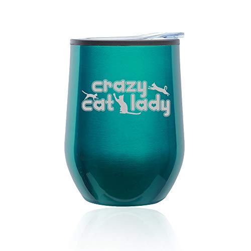 Stemless Wine Tumbler Coffee Travel Mug Glass With Lid Crazy Cat Lady (Turquoise Teal)