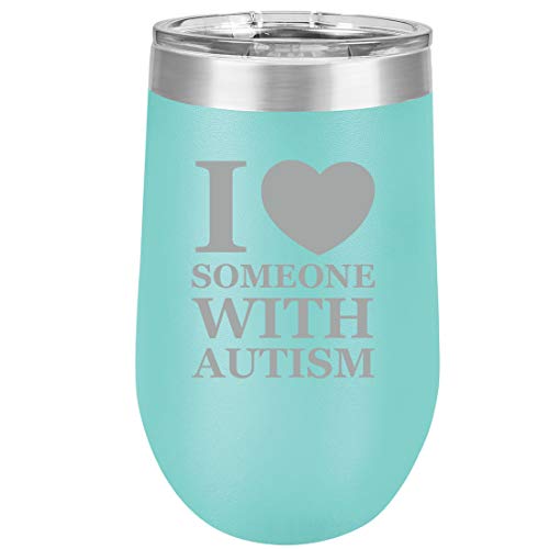 16 oz Double Wall Vacuum Insulated Stainless Steel Stemless Wine Tumbler Glass Coffee Travel Mug With Lid I Love Heart Someone With Autism (Teal)