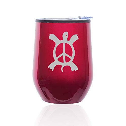 Stemless Wine Tumbler Coffee Travel Mug Glass With Lid Turtle Peace Sign (Fuchsia)