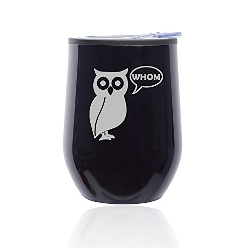 Stemless Wine Tumbler Coffee Travel Mug Glass With Lid Grammar Funny Owl Who Whom (Midnight Black)