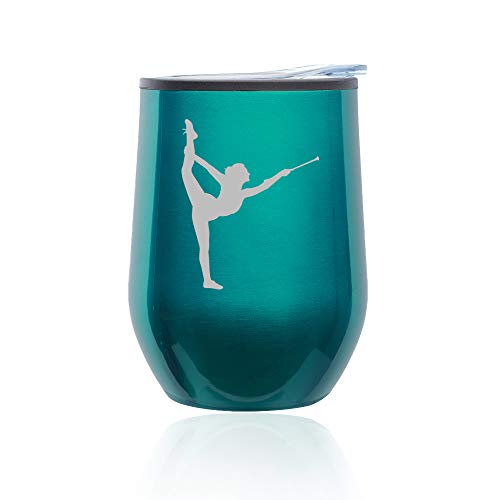 Stemless Wine Tumbler Coffee Travel Mug Glass With Lid Female Gymnast Twirling Baton Gymnastics (Turquoise Teal)