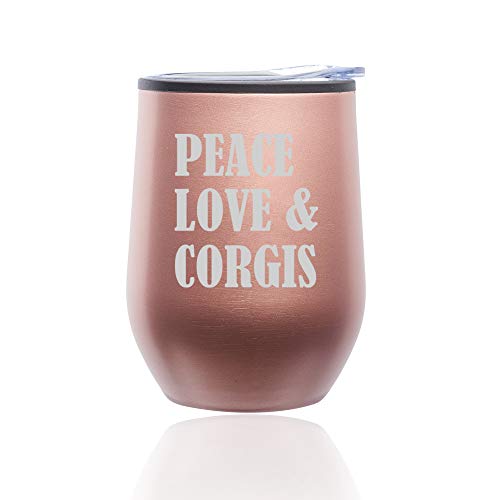 Stemless Wine Tumbler Coffee Travel Mug Glass With Lid Peace Love & Corgis (Rose Gold)