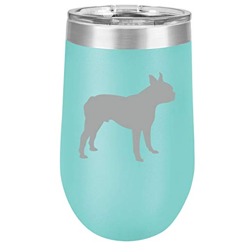 16 oz Double Wall Vacuum Insulated Stainless Steel Stemless Wine Tumbler Glass Coffee Travel Mug With Lid Boston Terrier (Teal)