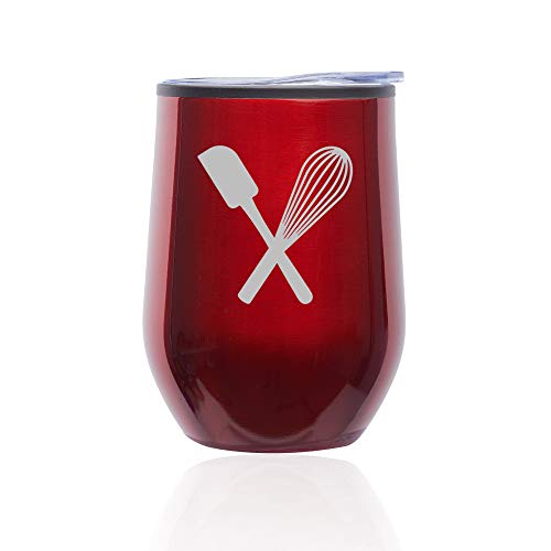 Stemless Wine Tumbler Coffee Travel Mug Glass With Lid Spatula & Whisk Baking (Red)
